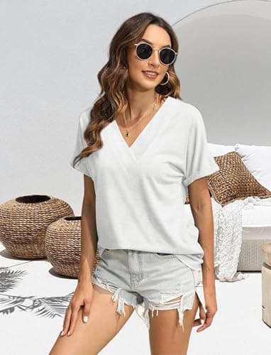 EyMuse Women V Neck T Shirts Cute Basic Short Sleeve Tops Fashion Loose Fit Blouses Summer Basic Tees 2025 Old Money Clothes White,M - Image 5