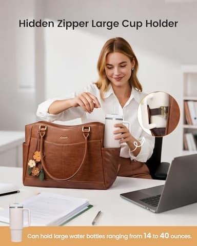 LOVEVOOK Laptop Bag for Women, Leather Vintage Work Tote Bag Computer Office Teacher Bag with Large Cup Holder - Image 5
