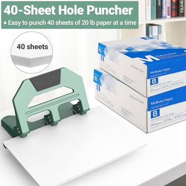AFMAT HPX2 Heavy Duty 3 Hole Puncher, 40-Sheet Three Hole Punch Heavy Duty, 50% Reduced Effort Paper Punch, 10K+ Uses, Metal Hole Puncher 3 Ring w/Large Tray, Bulit-in S.S. Paper Guide, Green - Image 3