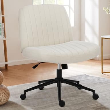 Sweetcrispy Criss Cross Chair Legged, Armless Office Desk Chair with Wheels, Swivel Vanity Height Adjustable Wide Seat Computer Task Seating - Beige - Image 1