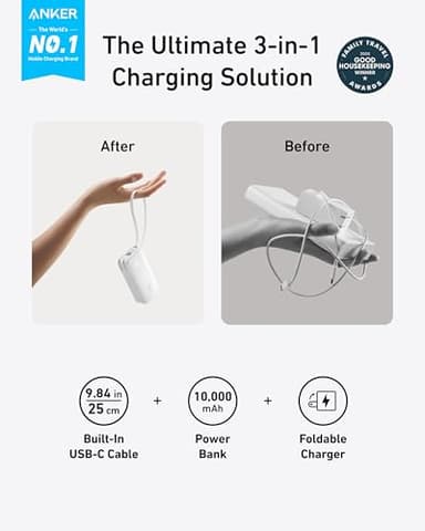 Anker Nano 3-in-1 Portable iPhone Charger, 10,000mAh Power Bank with Built-in USB-C Cable and Foldable Wall Plug, 30W Max Battery Pack, Travel Essentials for iPhone 16/15 Series, Galaxy, MacBook - Image 2