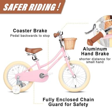 Petimini 16 Inch Little Kids Bike for Age 4 5 6 7 Years Old Girls Retro Vintage Style Bicycles with Basket Training Wheels and Bell, Pink - Image 2