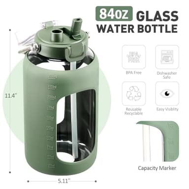 WINSA 84oz Glass Water Bottle with Stainless Steel Handle,2.5L Gallon Water Bottle with 2-IN-1 Straw Lid, Silicone Sleeve and Motivational Capacity Marker, Wide Mouth Water Jug For Gym, Workout, Olive - Image 3