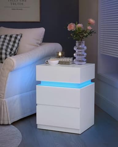 VASAGLE Nightstands with LED Lights, Set of 2, Adjustable Light Colors, Bedside Tables, Side Tables with 3 Drawers, Modern Style, 13.8 x 15.7 x 21.7 Inches, Cloud White ULET799T12 - Image 2