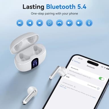 Wireless Earbuds, 2025 Bluetooth 5.4 Bass Stereo Headphones with 4 ENC Mic, 50H Playback Ear Buds with Charging Case LED Display,Sport Earphones IPX7 Waterproof for Phone, Android, Pad, White - Image 3