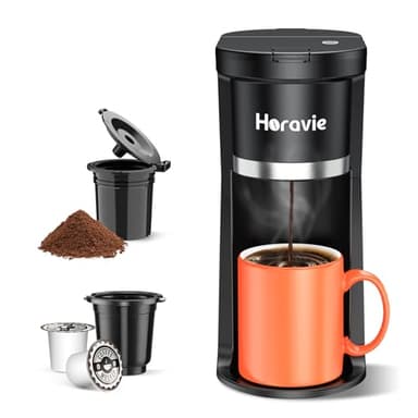 Horavie Small Single Serve Coffee Maker, Fast Brew One Cup Coffee Machine for K Cup and Grounds, 6 to 12 oz. Brew Sizes, Capsule Coffee Machine with Descaling Reminder and Viewing Tank, Black - Image 1