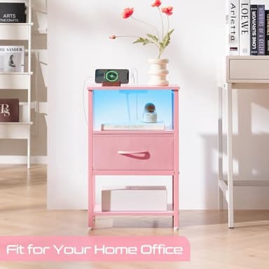 Yoobure Pink Night Stand with Charging Station, LED Nightstand for Bedroom, Bedside Tables with Adjustable Fabric Drawer, 3-Tier End Table Living Room, Small Side Table with Storage - Image 7