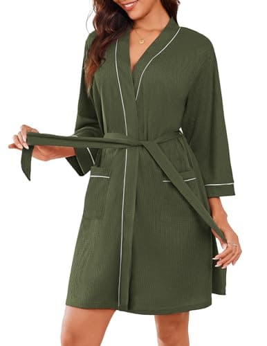 Ekouaer Women Robes Waffle Knee Length Bathrobe Lightweight Soft Sleepwear V neck 3/4 Sleeve Casual Ladies Loungewear Army Green M - Image 1