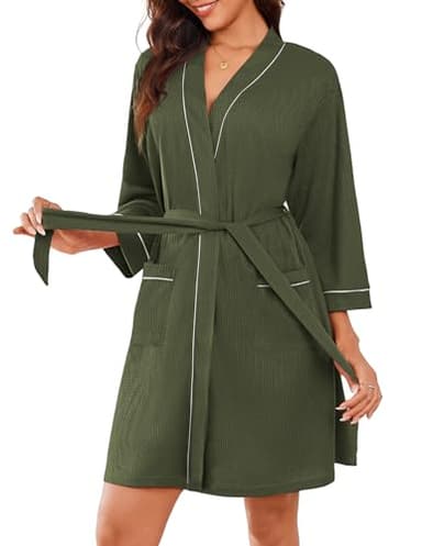 Ekouaer Women Robes Waffle Knee Length Bathrobe Lightweight Soft Sleepwear V neck 3/4 Sleeve Casual Ladies Loungewear Army Green M - Image 1