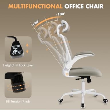 Ergonomic Office Chair with Adjustable Lumbar Support & Headrest, High Back Mesh Desk Chair with Flip-Up Armrests, Breathable & Comfortable Computer Chair for Home, Office & Study –Khaki - Image 4