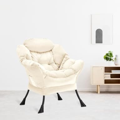 Youtanic Lazy Chair Thick Padded, Comfy Velvet Accent Lounge Chair with Stable Frame, Leisure Sofa Armchair with Armrests and Side Pocket, Reading Chair for Bedroom, Living Room, Office, Beige - Image 9