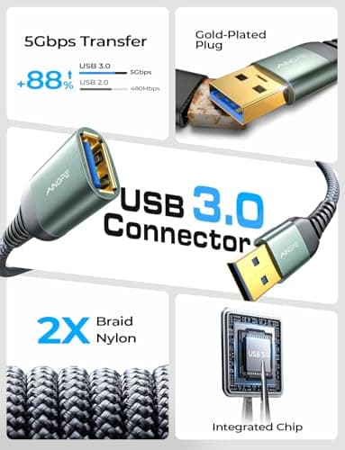 AINOPE 2 Pack USB Extensions Cable High Speed USB 3.0 Extension Cord Type A Male to Female Sturdy Braided Material Fast Data Transfer Compatible with USB Keyboard,Mouse,Flash Drive,Grey,6.6FT+6.6FT - Image 2