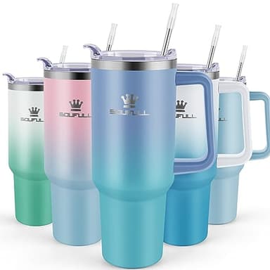 40 oz Tumbler with Handle and Straw Lid, 100% Leak-proof Travel Coffee Mug, Stainless Steel Insulated Cup for Hot and Cold Beverages, Keeps Cold for 34Hrs or Hot for 10Hrs, Dishwasher Safe (LakeBlue) - Image 1