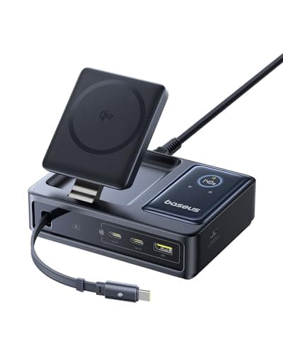 Baseus Nomos 5-in-1 Charging Station 140W, Qi2 Certified 15W Magnetic Wireless Charger with 100W Retractable Cable, GaN Fast USB C Desktop Charger for Magsafe, iPhone 16/15 Pro Max, MacBook Pro - Image 1