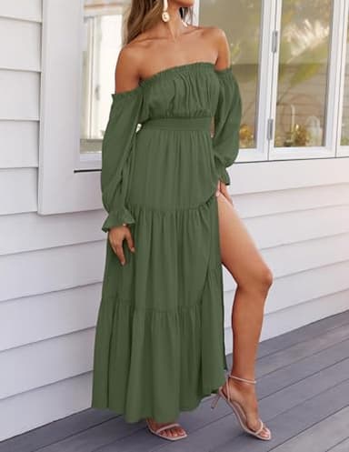 ZESICA Women's 2025 Boho Sexy Off Shoulder Long Sleeve Smocked High Waist Side Split Flowy A Line Tiered Long Maxi Dress,Olive,Medium - Image 8