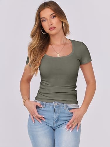 ANRABESS Women Short Sleeve Tops Scoop Neck Ribbed Knit Slim Fitted Basic Tee Shirts Casual Summer Clothes 2025 Fall Outfits Army Green X-Large - Image 4