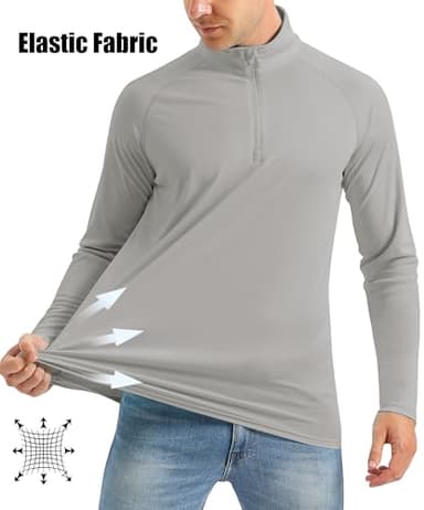1/4 Zip Shirts Men Quick Dry Sun Protective Quarter Zip Shirt Fishing Shirts Rash Guard Shirt Long Sleeve Shirts Light Grey - Image 2
