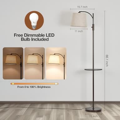 AIDENOEY Fully Dimmable Floor Lamp for Living Room，Standing Lamp Rotary Switch with Table&Linen Beige Shade，Brown Tall Lamps for Bedroom with Adjust Head，9W LED Bulb Included - Image 4