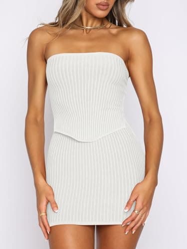 ANRABESS Women 2 Piece Skirt Sets Summer Strapless Crop Top Matching Bodycon Sexy Going Out Mini Club Dress Outfit Clothes White Medium - Image 7