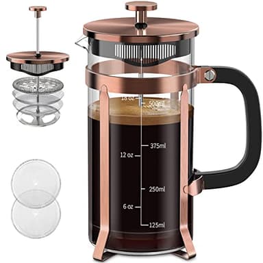 QUQIYSO Coffee Maker 304 Stainless Steel French Press with 4 Filter, Heat Resistant Durable, Easy to Clean, Borosilicate Glass Coffee Press, 100% BPA Free Teapot, 21 ounce, copper - Image 1