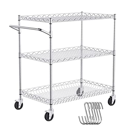 VEVOR Kitchen Utility Cart, 3 Tiers, Wire Rolling Table with 661 LBS Capacity, Steel Service Desk on Wheels, Metal Storage Trolley with 80 mm Deep Basket Curved Handle 6 Hooks - Image 1