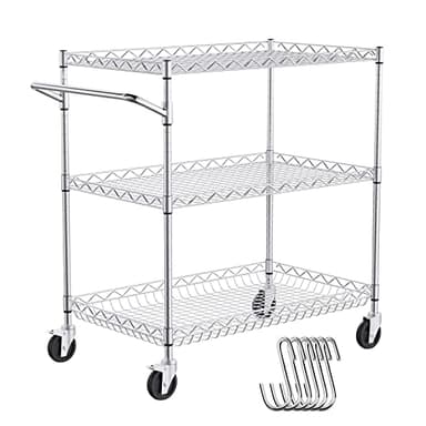 VEVOR Kitchen Utility Cart, 3 Tiers, Wire Rolling Table with 661 LBS Capacity, Steel Service Desk on Wheels, Metal Storage Trolley with 80 mm Deep Basket Curved Handle 6 Hooks - Image 1