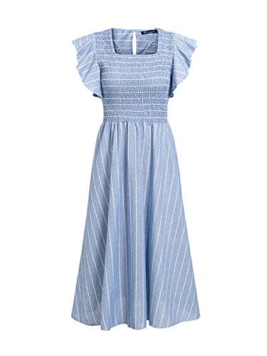 Miessial Womens Summer Dress 2025 Casual Short Sleeve Striped Linen Midi Dresses Boho Beach Wedding Guest Dress with Pockets Blue,S - Image 5