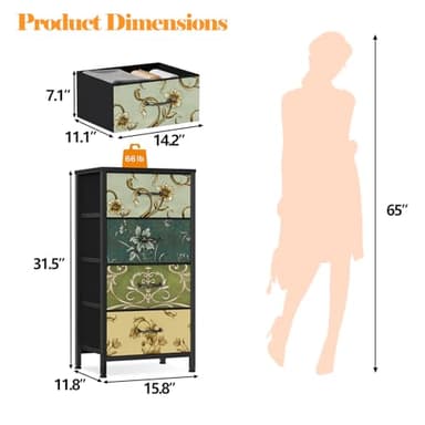 Furnulem 4 Drawer Dresser, Vertical Nightstand for Kids, Adult, Fabric Chest of Drawers for Bedroom, Living Room, Closet, Nusery, Storage Tower Unit Retro Style Furniture, Wood Desk Top - Image 3