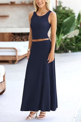 PRETTYGARDEN Women's 2 Piece Maxi Skirt Sets Casual Summer Knit Cropped Tank Top High Waisted Long Skirts Outfit (Navy,Small) - Image 4