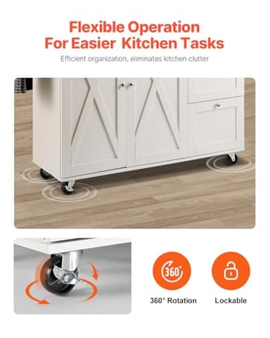 VEVOR Kitchen Island Cart, 45.3x39 inch Rolling Kitchen Table, Mobile Carts with Storage Cabinet and Solid Wood Top, Portable Islands with Wheels, Spice Rack, Towel Rack, Drop Leaf and Drawer, White - Image 4