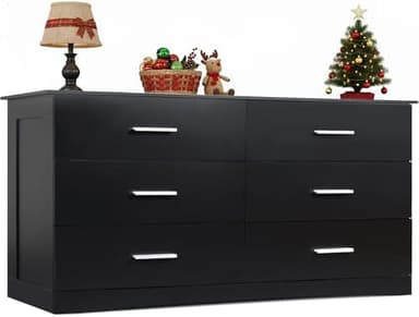 WLIVE Wood Dresser for Bedroom, Black 53'' Wide Chest of Drawers with 6 Drawer, Oak Furniture Large Storage Tower Unit, Closet Store Organizer for Living Room, Hallway, TV Stand, Modern Minimalist - Image 3