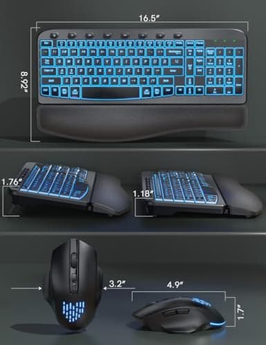 SABLUTE Ergonomic Wireless Keyboard and Mouse Combo - Wave Keyboard with Soft Leather Wrist Rest, Resistant Keys, RGB Backlit Rechargeable Set for PC/Mac/Chromebook (Black) - Image 8