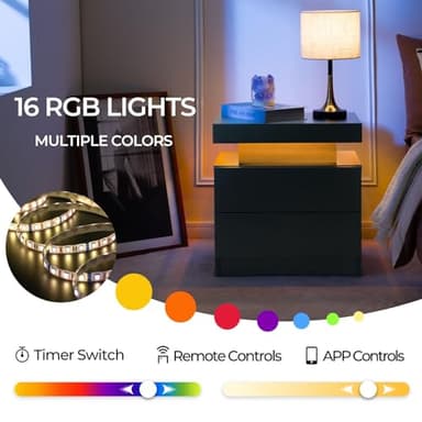 i-aplus Nightstand Set of 2 LED Nightstand with 2 Drawers, Bedside Table with Drawers for Bedroom, Side Bed Table with LED Light, Black - Image 8