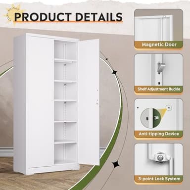 DEVAISE Garage Storage Cabinet, Metal Storage Cabinet with 2 Doors and 5 Adjustable Shelves, 71'' Lockable Steel File Cabinet, White for Home, Office, Garage, Shool, Gym - Image 6