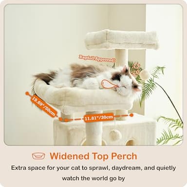 Ouritsu Cat Tree, 61 inch Tall Cat Tower for Large Cat Indoor, Enlarged Condo, 2 Padded Perches with 1 Widened, Large Hammock, Scratching Post and ramp, Fluffy Basket, Beige, LF002WH - Image 4