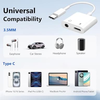 Seulliya USB C to 3.5mm Headphone Jack and Charger Adapter, 2-in-1 Audio & Fast Charging Splitter for Apple iPhone 17/16/15/Pro/Pro Max, iPad, Samsung, Pixel, and More 2Pack - Image 7