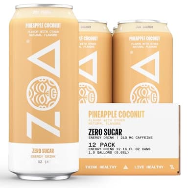 ZOA Zero Sugar Energy Drinks, Pineapple Coconut - Sugar Free with Electrolytes, Healthy Vitamin C, Amino Acids, Essential B-Vitamins, and Caffeine from Green Tea - 16 Fl Oz (12-Pack) - Image 1