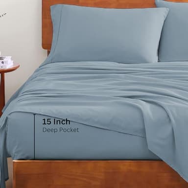 LANE LINEN 100% Organic Cotton Full Sheets Set 4-Piece Pure Percale Soft Bedding Breathable Fits Mattress Upto 15" Deep - French Blue - Image 5