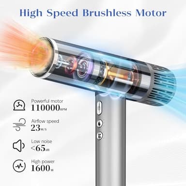 Natrial Ionic Professional Hair Dryer with Diffuser for Curly Hair,1600W&110000RPM High Speed Blow Dryer for Women,Fast Drying,Lock Function,Low Noise,Lightweight for Home Travel Salon,Grey&Silver - Image 2