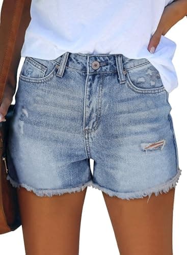 ZOLUCKY Women Mid Rise Ripped Stretchy Jeans Shorts Frayed Raw Hem Casual Denim Shorts Light Blue L - Image 2