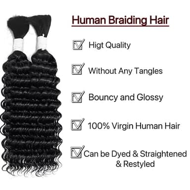 Deep Wave Bulk Human Hair Braiding Hair 100 percent Human Hair Unprocessed Brazilian Virgin Hair for Human Hair Extensions 1 Braids Per of 1 pack 50g 28 Inch Human Hair for Micro braiding No Weft - Image 3