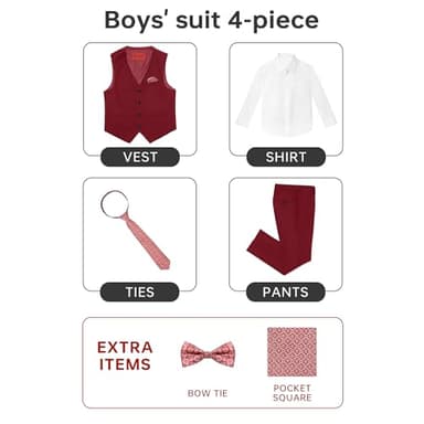 Marvelous Kids Boys 6-Piece V-Neck Formal Slim Fit Vest Suit Set, Burgundy, Size 8 - Image 2