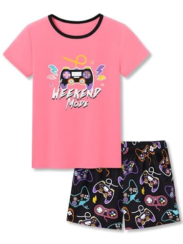 Topgal Gamer Pajamas for Little & Teen Girls Pink & Black Sleepwear Short Sleeve Shorts 2PC Cute Cartoon PJ Set Size 12 - Image 1