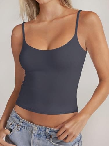 PINKMSTYLE Camisole Tops for Women Scoop Neck Double Lined Sleeveless Spaghetti Strap Tank Top Summer Going Out Tops Dark Gray X-Large - Image 2
