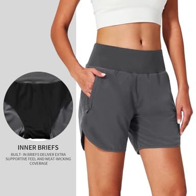 Womens Running Shorts Zipper Pockets High Waisted Quick Dry Athletic Workout Shorts with Liner Dark Grey - Image 5