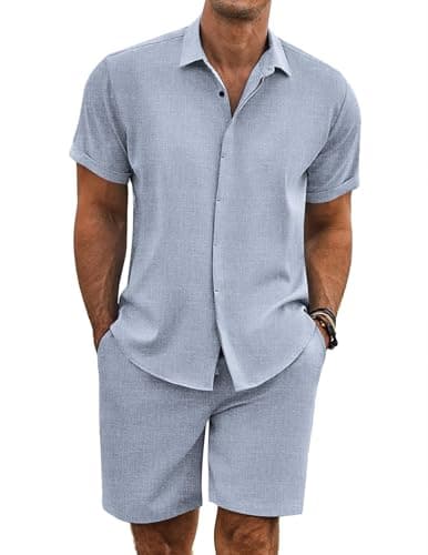 COOFANDY Men's Summer Beach Outfits 2 Piece Short Sleeve Shirts and Shorts Vacation Texture Linen Sets for Men,Blue,M - Image 1