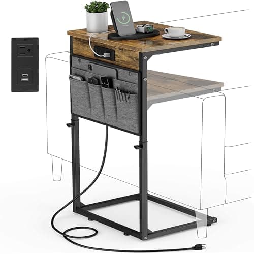 Vagusicc C Shaped End Table with Charging Station, 33" Tall Side Table for Couch, Sofa Table Adjustable Height Small Couch Side C Table, Slide Under Sofa Tray Arm Table for Living Room, Bedroom, Brown - Image 1