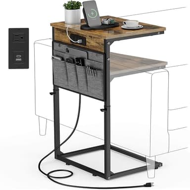 Vagusicc C Shaped End Table with Charging Station, 33" Tall Side Table for Couch, Sofa Table Adjustable Height Small Couch Side C Table, Slide Under Sofa Tray Arm Table for Living Room, Bedroom, Brown - Image 1