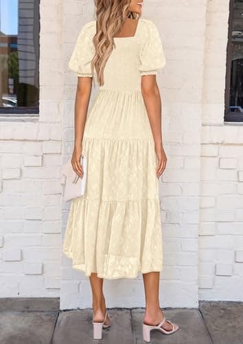 PRETTYGARDEN Women's 2025 Summer Casual Midi Dresses Square Neck Short Sleeve Smocked A Line Floral Flowy Elegant Boho Dress (Beige,X-Large) - Image 2