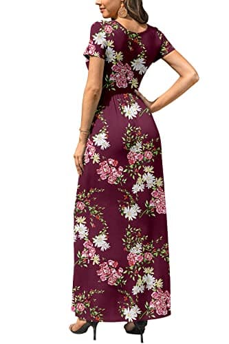 DB MOON Women's Casual Plus Size Maxi Dresses Short Sleeve Empire Waist Long Dress with Pockets(Flower Burgundy, XL) - Image 5